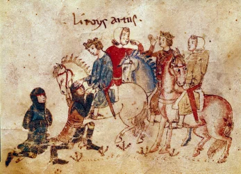 Arthurin legenda: "" Kuningas Arthur pehmentämässä ritareita (Meliadus (tai Meliodas), Esclabor ja Arfasar (tai Arphasar))"" Miniatyyri kirjasta "" Meliadus, Tristanin veli"" 1300-luvun Venetsia Biblioteca Marciana