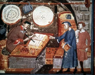 Käsityöläiskauppa 1300-luvulla. Pienoiskäsikirjoitus 1300-luvulta. Biblioteca Medicea Laurenziana, Firenze.