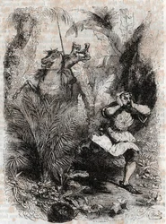 Astolphe pakottaa Caligorantin pakenemaan - Ludovico Arioston (1500-luku) kaiverrus "" Furious Roland" (Orlando furioso) (1500-luvulla), joka tunnetaan nimellä Ariosto - Tressanin kreivi kääntää italiasta ja julkaisi Gustave Harvard 1851.