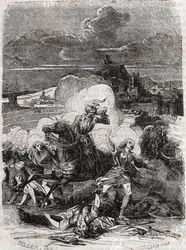 Astolphe ajaa murhanhimoiset naiset pakoon - Kaiverrus vuodelta 1851 Ludovico Arioston, joka tunnetaan nimellä Ariosto, teoksesta ”Raivoisa Roland” (Orlando furioso) (1500-luku) - Kreivi de Tressanin italiasta kääntämä ja Gustave Harvardin vuonna 1851