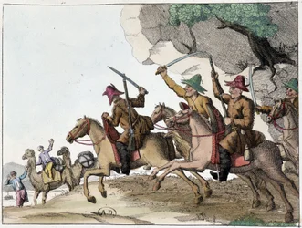 Kirgisejä (Mongolialaista alkuperää olevia Keski-Aasian turkkilaisia) hyökkäys kamelin karavaaniin hevosen selässä, Deb. 1800-luvulla