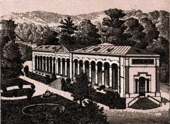 Baden Baden (Baden-Baden), Saksa: näkymä pylväikkölle. teoksessa "Maailma havainnollistaa 168 näkymää" Päiväämätön (1800-luvun loppu)