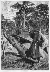 Ritarien Pinabelin ja Thierryn taistelu keskiajalla (keskiajalla) Ranskassa. Kuvitus Leon Gautierin (1832-1897) romaanista "La chevalerie". Kaiverrus "" Le Monde Illustré" -kirjassa