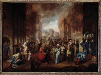 Wienin taistelu: "Turkkilaisten antautuminen Wienin piirityksessä syyskuussa 1683" Johannes III Sobieskin, Leopolid I:n ja Charles Lorrainelaisen johtaman kristillisen liittouman joukkojen voitto. Anonyymi maalaus 1600-luvulta Nancy, Musee histo