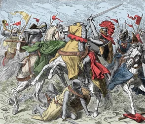Taistelu Elsterillä: Rudolf Swabian kuolettavasti haavoittunut - Saksien kapina (1073-1075): Rodolph of Rheinfelden (n. 1025-1080), Swabian herttua ja roomalaisten antiking haavoittuu kuolemaan taistelussa lähellä Elsteriä, Henrik IV:n joukkoja vastaan