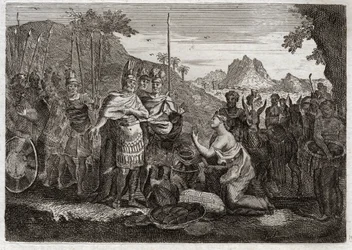 Royaumontin raamattu, Vanha testamentti: Abigail. Abigail, Nabalin vaimo, lievittää Daavidin vihaa viisaudellaan. Kuvitus vuodelta 1811.