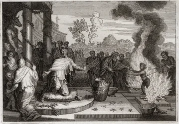 Royaumontin raamattu, Vanha testamentti: Ahaz Epäpyhä kuningas. Jumalaton Ahas, Juudan kuningas, ärsyttää Jumalaa ja joutuu vihollisten käsiin. Kuvitus vuodelta 1811.