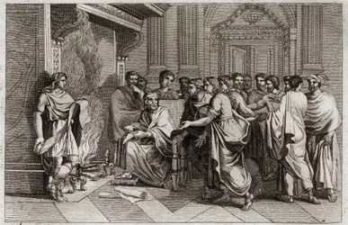 Royaumontin raamattu, Vanha testamentti: Profeetta Baruk. Kuningas Joakim (Joakim, Joachin, Jehonias) leikkaa kirjakäärön, joka sisältää hänen opetuslapsensa Barukin (Baruch ben Neria) kirjoittamat Jeremian profetiat, ja heittää sen tuleen. Kuvitus vuodelt