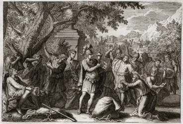 Royaumontin raamattu, Vanha testamentti: Joosefin veljet. Joosef laittaa veljensä vankilaan. Kuvitus vuodelta 1811.