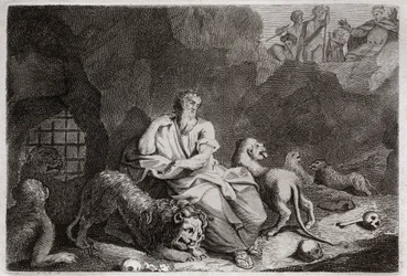 Royaumontin raamattu, Vanha testamentti: Daniel leijonien kuopassa. Daniel pannaan lionien kuoppaan ja on ihmeen kaupassa humalassa. Kuvitus vuodelta 1811.
