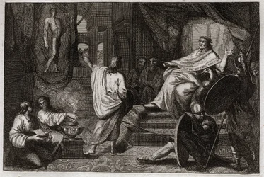 Royaumontin raamattu, Vanha testamentti: Danielin profeetta. Profeetta Daniel paljastaa kuningas Nebukadnessar II:lle unen, jonka hän näki, ja selittää hänelle, mitä hän tarkoitti. Kuvitus vuodelta 1811.