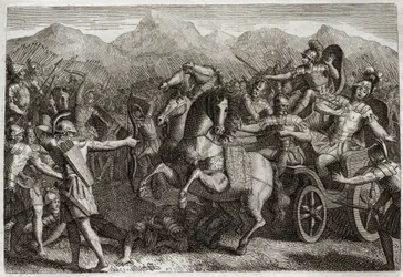 Royaumontin raamattu, Vanha testamentti: Ahabin kuolema. Ahab (Akhab) kävi sotaa Syyriaa vastaan, ja hänet tapettiin satunnaisella nuolella. Kuvitus vuodelta 1811.