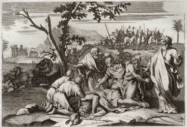 Royaumontin raamattu, Vanha testamentti: Pahan Antiokoksen kuolema. Kuningas Antiokhos IV Epiphanen (175–164 eKr.) kauhistuttava kuolema hevosen kaatumisen jälkeen. Kuvitus vuodelta 1811.