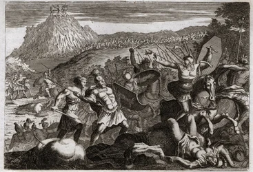 Royaumontin raamattu, Vanha testamentti: Amalekin (Amalekin) tappio. Mooses sai voiton amalekilaisista pitäen kätensä korkealla taivaassa. Kuvitus vuodelta 1811.