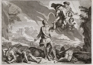 Royaumontin raamattu, Vanha testamentti: filistealaisten tappio. Simson tappaa tuhat filistealaista aasin leualla. Jumala saa veden virtaamaan leuasta, jotta Simson voi sammuttaa janonsa. Kuvitus vuodelta 1811.