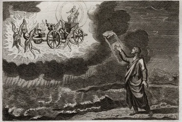Royaumontin Raamattu, Vanha testamentti: Profeetta Hesekiel. Pyhä profeetta näki näyn, jossa Herra ilmestyi hänelle neljän kerubin (tetramorfin) kantamissa vaunuissa. Kuvitus vuodelta 1811.