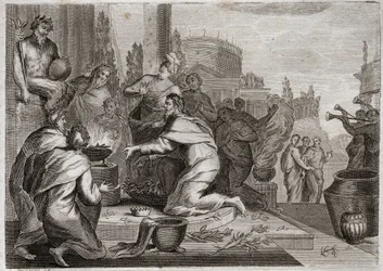 Royaumontin raamattu, Vanha testamentti: Salomon lankeemus. Salomo on naisten turmeltunut, ja hän tarjoaa suitsukkeita väärien jumalien epäjumalille. Hänen kuolemansa. Kuvitus vuodelta 1811.