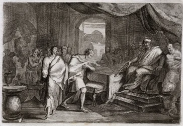 Royaumontin raamattu, Vanha testamentti: Joachim ampuu rautaa. Evilmerodak (Evil Merodac, Evil Merodac), Babylonin kuningas Nebukadnessar II:n kuoleman jälkeen kohtelee Joakimia (Joakim, Joakin, Jehonja), joka oli entinen Juudan kuningas, ja vetää hänet ra