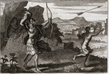 Royaumontin raamattu, Vanha testamentti: Jonathan ja David. Ja kun Joonatan näki isänsä katkeran, Saul varoitti häntä vetäytymään. Kuvitus vuodelta 1811.