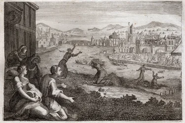 Royaumontin raamattu, Vanha testamentti: Egyptin kätilöt. Farao heittää israelilaisten poikalapset Niiliin. Kuvitus vuodelta 1811.