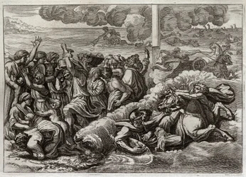 Royaumontin raamattu, Vanha testamentti: Farao uppoaa Punaiseen mereen. Mooseksen ja heprealaisten kulku Punaisenmeren yli hukuttaen faraon armeijan. Kuvitus vuodelta 1811.