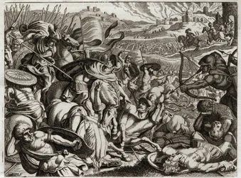 Royaumontin raamattu, Vanha testamentti: Benjaminilaisten rangaistus. Benjaminin heimo tuhotaan. Kuvitus vuodelta 1811.