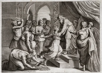 Royaumontin raamattu, Vanha testamentti: Saban kuningatar. Saban kuningatar tulee Salomon luo kuuntelemaan hänen viisauttaan ja tarjoamaan hänelle lahjoja. Kuvitus vuodelta 1811.