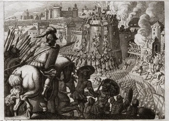 Royaumontin raamattu, Vanha testamentti: Jerusalemin piiritys. Nebukadnessar II piiritti Jerusalemin, valloitti sen ja toi kaikki sen kaupungin rikkaudet ja kaikki asukkaat Babyloniin. Kuvitus vuodelta 1811.