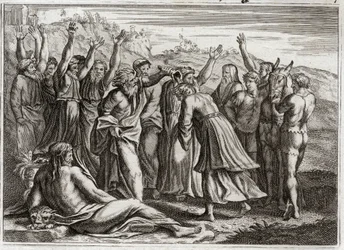 Royaumontin raamattu, Vanha testamentti: Salomon King. Daavid perusti Salomon Kingin Betsabeen ja profeetta Natanin rukouksiin. Kuvitus vuodelta 1811.