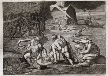 Royaumontin raamattu, Vanha testamentti: Vedenpaisumus. Vedenpaisumus tulvii koko maan. Ainoa arkki pelastaa ne, jotka olivat siihen lukittuina, tästä uppoamisesta. Kuvitus vuodelta 1811.