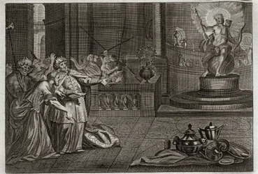 Royaumontin raamattu, Vanha testamentti: Belin epäjumala. Daniel tuhosi Belin epäjumalan ja tappoi lohikäärmeen, jota babylonialaiset palvoivat. Kuvitus vuodelta 1811.