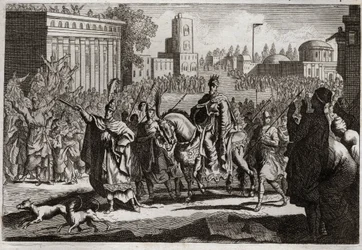 Royaumontin raamattu, Vanha testamentti: Mardocheen voitto. Kuningas pakottaa Amanin (Hamanin) julkaisemaan vihollisensa Mardocheen (tai Mordekhain tai Mordekain) voiton koko Susanin (tunnetaan paremmin nimellä Susa) kaupungissa. Kuvitus vuodelta 1811.
