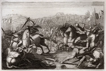 Royaumontin raamattu, Vanha testamentti: Juudaksen voitto. Juudas Makkabee (Maccabee, Maccabee) voitti Apolloniuksen, Seronin, Ptolemaios Macronin, Gorgiaksen, Nikanorin ja Lysiaksen erilaisissa taisteluissa. Kuva osoitteesta