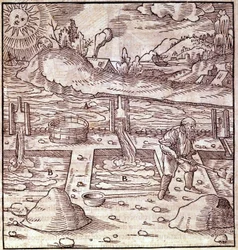 Bitumin talteenotto. Georg Bauer ”” Agricola De Re metallica”” 1400-luvun kirja. Bibl. Milanon tiedemuseosta.