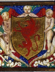 Blazon koristaa griffon-kruunua kultaisella pohjalla. Miniatyyrin yksityiskohta.