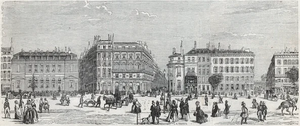 Boulevard des Italians ja café de Paris, rue Taitbout, talo doree, rue Lafitte, kahvila Riche ja rue Lepelletier - Kaiverrus "Tableau-de-Paris" Edmond Texier 1852