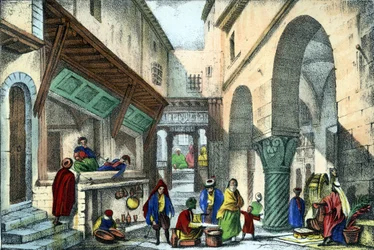 Kauppoja Algerin kadulla. Léon Galibertin teoksessa "Ancient and modern Algeria". Italialainen painos 1846 värissä.