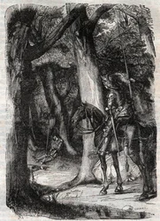 Bradamante apercoit Pinabel (Pinabello) - kaiverrus vuodelta 1851 Ludovico Ariostosta "" Furious Orlando" (1500-luku), joka tunnetaan nimellä Ariosta - Tressanin kreivin italiasta kääntämä painos ja kustantaja Gustave Harvard