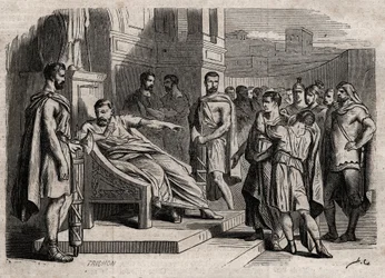 Brutus tuomitsi poikansa kuolemaan - Brutus (Marcus Junius Brutus, 85-42 eKr.) tuomitsi poikansa kuolemaan - kaiverrus "" Dictionnaire populaire illustrious" - 1864 - Joseph Decembre ja Edmond Allonier -