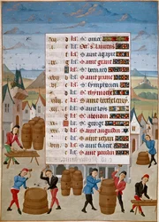 Kalenteri: Elokuu - Viinitynnyrien valmistus - Mestari Jean de Rolinin pienoismalli (1400-luku) teoksesta "Savoian Adelaiden, Burgundin herttuatar" 1460-1465 Chantilly, Musee Conde
