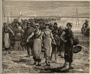 Cancale - Bretagne - Cancalaises palaamassa kalastusaluksista - - kaiverrus "" PATRIE" - PECTUREQUIREQUE RANSKAN KUVAUS 6 OSALLA LUCIEN HUARD - 1800-luvun loppu