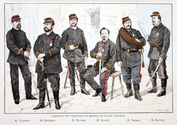 Mobilisoitujen rauhanturvakomppanioiden kapteenit vasemmalta oikealle: herra Toquenne, herra Rousseau, herra Mennier, herra Rochut, herra Thomas, herra Blavier. Etsaus väreillä, havainnollistamiseen "" History of the Corps of Peacekeepers""" -kirja, joka o