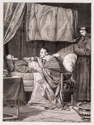 Kardinaali Richelieu isä Josephin kuolinvuoteella - kaiverrus