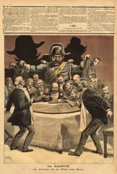 Karikatyyrikuvitus "" la galette"" kuninkaiden juhlasta, jossa pankkiiri leikkaa kakun, kaikki ryntäsivät osuuteen ja löysivät kuumeen sijaan santarmin. Kaiverrus "" Le petit Journal" -lehdessä 7/01/1893. Selvan kokoelma.