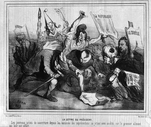 Sarjakuva ensimmäisten presidentinvaalien vaalikampanjasta 10. joulukuuta 1848 sanomalehtien taistelun yhteydessä.