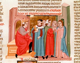Häitä juhlittiin keisari Justinianuksen (483-565) aikana. Miniatyyri otettu "Justinianus Istitutionesista" 1300-luvun Padovasta, Biblioteca capitolare
