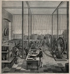 Selluloidi: selluloidien valmistus. Kaiverrus vuodelta 1885 kirjassa "Les arts et metiers illustres", kirjoittanut Adolphe BITARD.