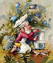 Kääpiön tai farfadet-kokin hahmo. 1800-luvun kromolitografia.