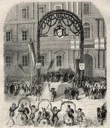 Hyväntekeväisyysjuhlat Marseillessa Francois I:n saapumisen muistoksi, jossa hän tapasi paavi Clement VII:n: farandole dansee -paikka Saint Ferreol (Saint-Ferreol) kuningas Francois I:n katsomossa. Kaiverrus "" L