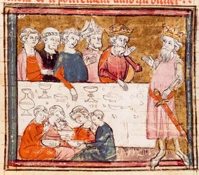 Charlemagne (742-814) ja hänen veljenpoikansa ratsastaja Roland juhlissa, jossa köyhä Miniatyyri "" Grandes Chronicles de Francesta"" 1375-1379 Municipal Library, Castres